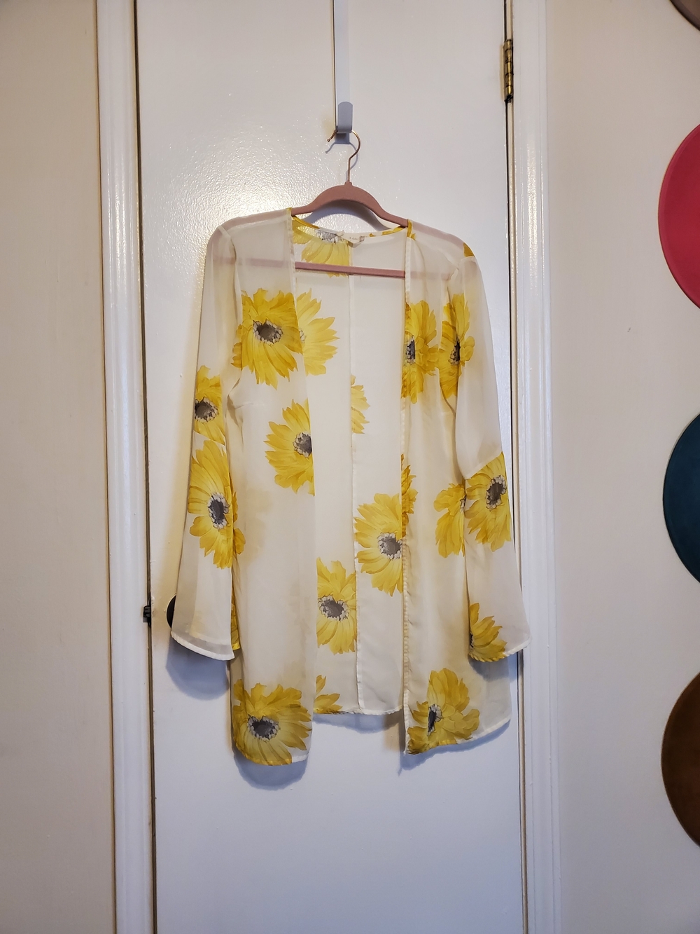 Altar'd State Sheer Sunflower Print Open-Front Tunic Kimomo - Yellow & Cream